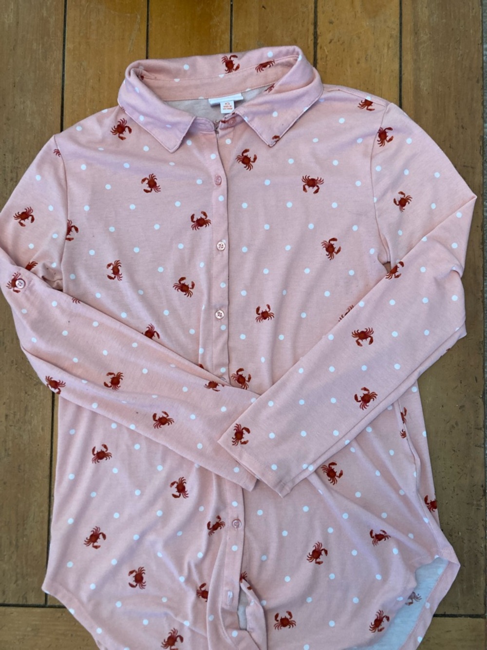 LuLaRoe Valentina Pink Button-Down Shirt with Red Crab Print
